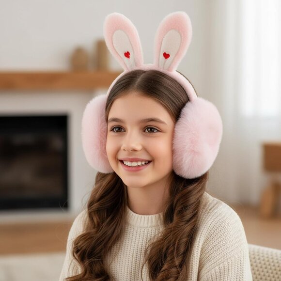 Women's Pink Lovely Bunny Earmuffs Winter Warm Plush Foldable Soft Ear Warmer - Picture 9 of 9